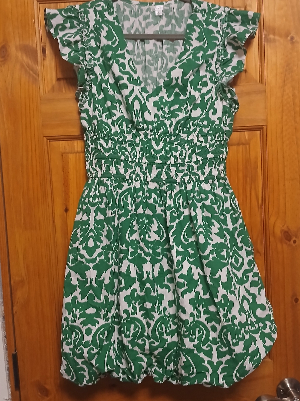 Green and White Patterned Mini Dress - Smocked Waist